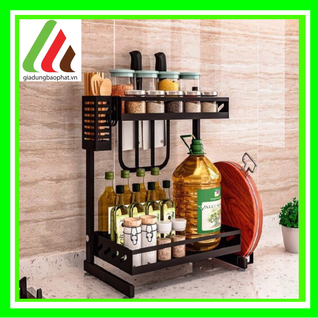 Kệ đựng gia vị 2 tầng sắt sơn tĩnh điện đa năng giúp sắp xếp gọn gàng nhà bếp sạch sẽ