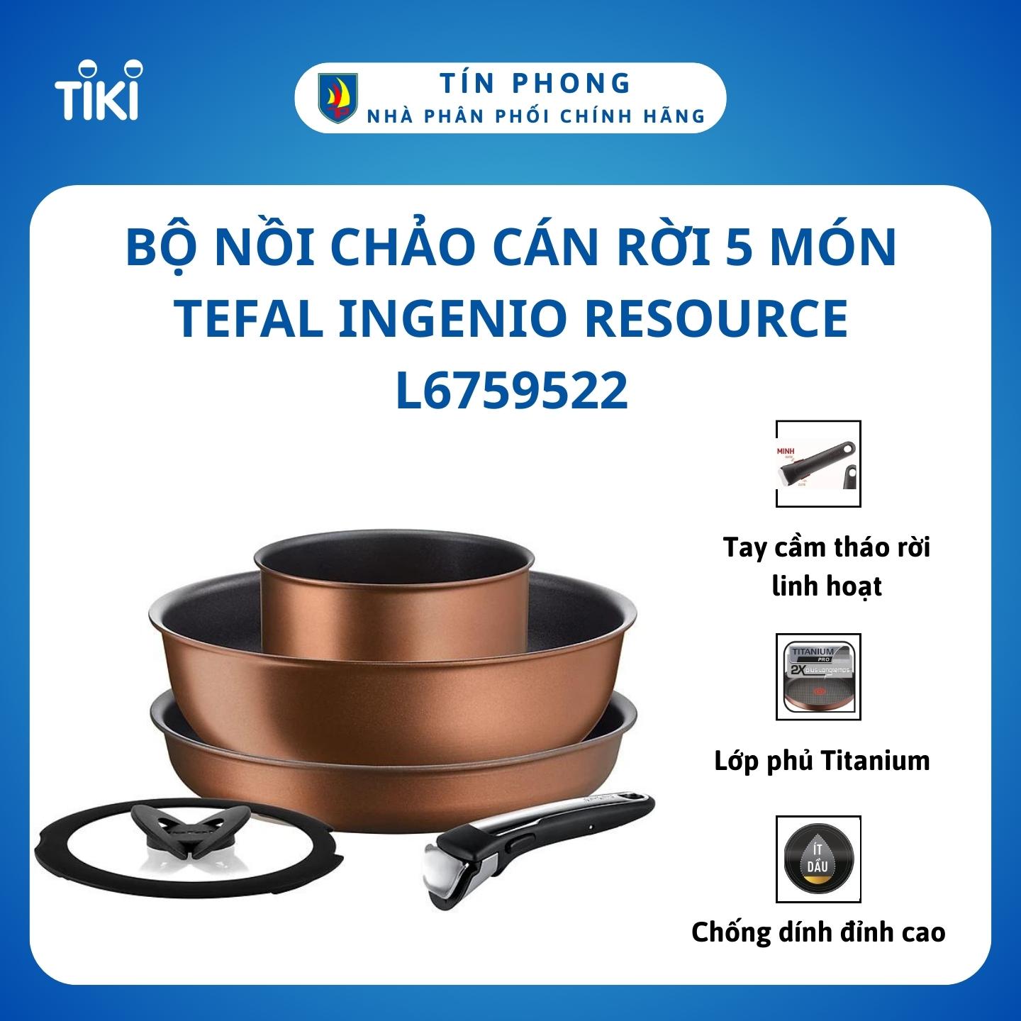 Bộ nồi chảo cán rời 5 món Tefal Ingenio Resource L6759522 (nồi 16cm,chảo chiên 26cm,chảo sâu 26cm,nắp nồi 16cm) - Lớp phủ Titanium Pro 2X - Độ bền lên tới 8 năm - Hàng chính hãng