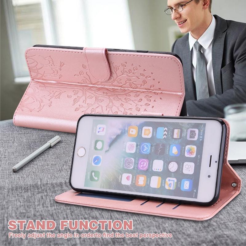 Bao da điện thoại nắp gập dập nổi cây con hươu dạng ví đựng thẻ cho iPhone 6Plus/ 6SPlus 7Plus 8Plus SE 2020 X XR XSMax