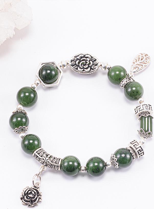 Vòng Tay Phong Thủy Nữ Đá Ngọc Bích Phối Charm Hoa Bạc Mệnh Mộc, Hỏa Ngọc Quý Gemstones