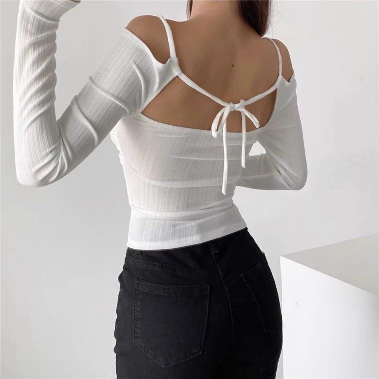 Áo croptop nữ dài tay HAGA áo khoét ngực luồn dây ALDN60