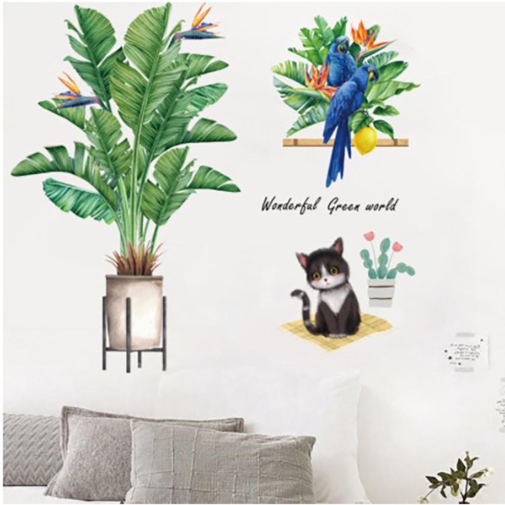 Decal chú mèo con bên chậu cây và đôi chim két