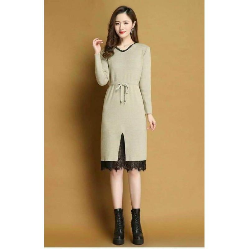 ĐẦM LEN CỔ TIM RÚT EO PHỐI REN XINH XẮN