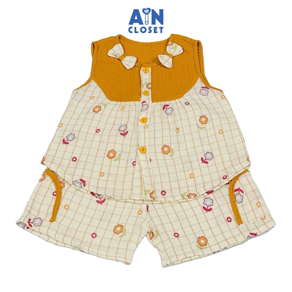 Bộ quần áo Ngắn bé gái họa tiết Caro Nơ Vàng Xô muslin - AICDBG8JVJTE - AIN Closet