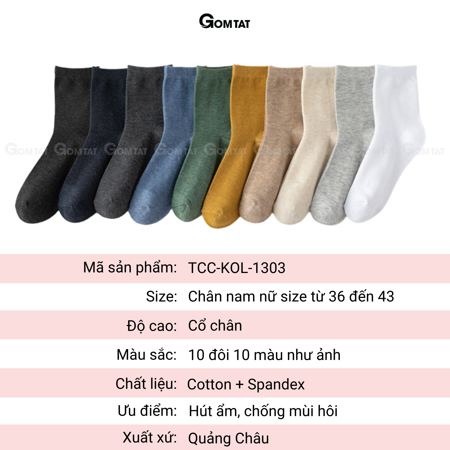 Set 10 đôi tất vớ nam nữ GOMTAT cổ cao chất liệu cotton thoáng khí, co giãn hút ẩm khử mùi tốt - TCC-KOL-1303 - CB10