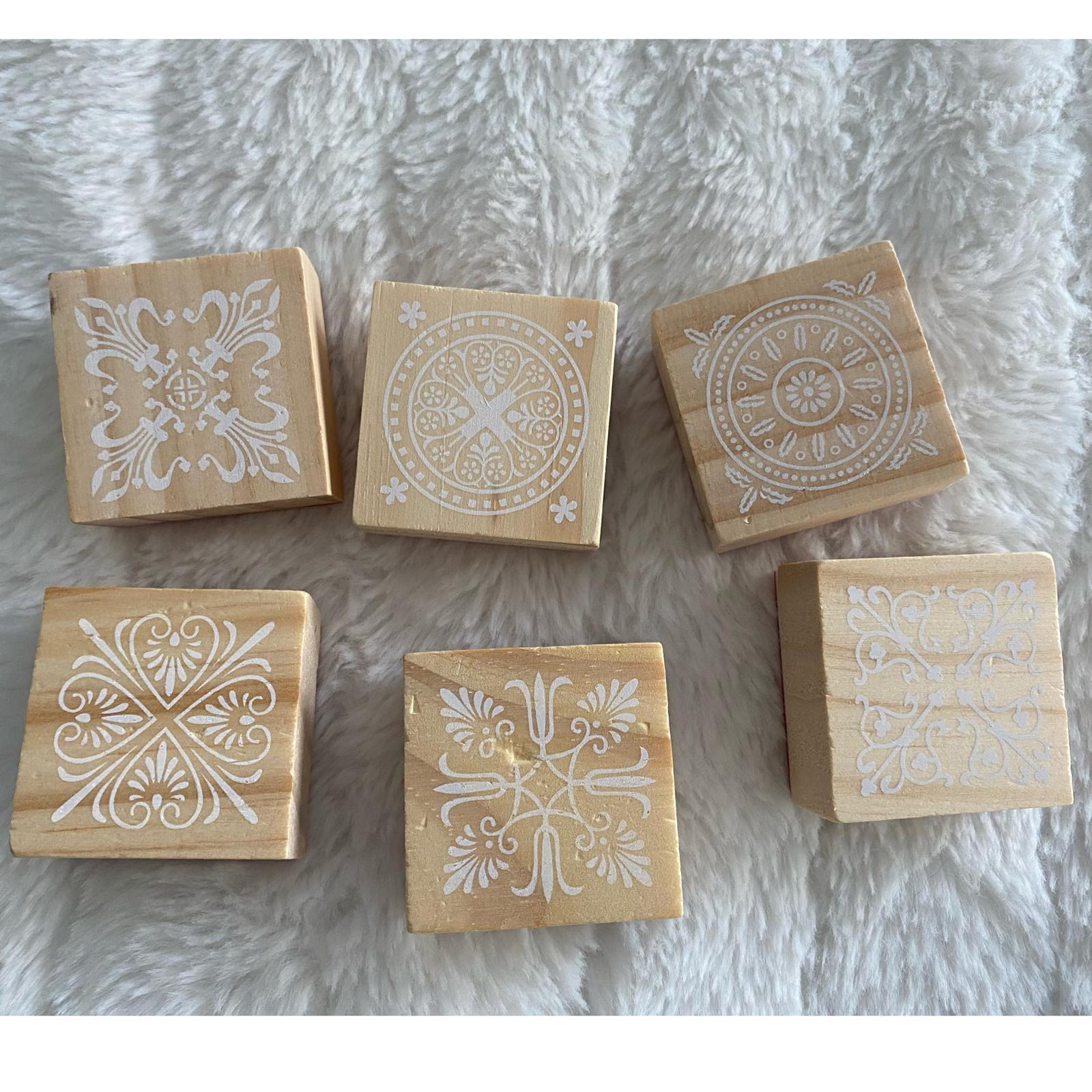 6x Wooden Stamp Decorative Stamp Vintage Wooden Rubber Stamp Floral Flower Pattern Square Decoration Clay Stamps Wooden Retro Pattern Stamp