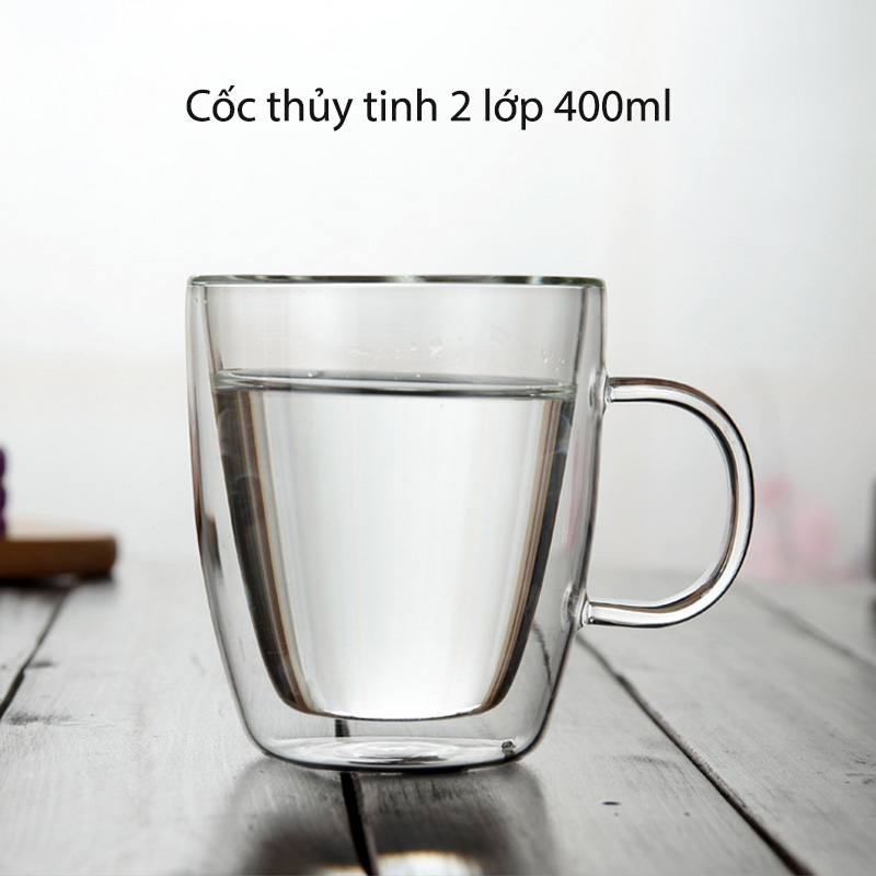 Cốc (ly) thủy tinh 2 lớp giữ nhiệt có tay cầm 400ml (loại ngắn)