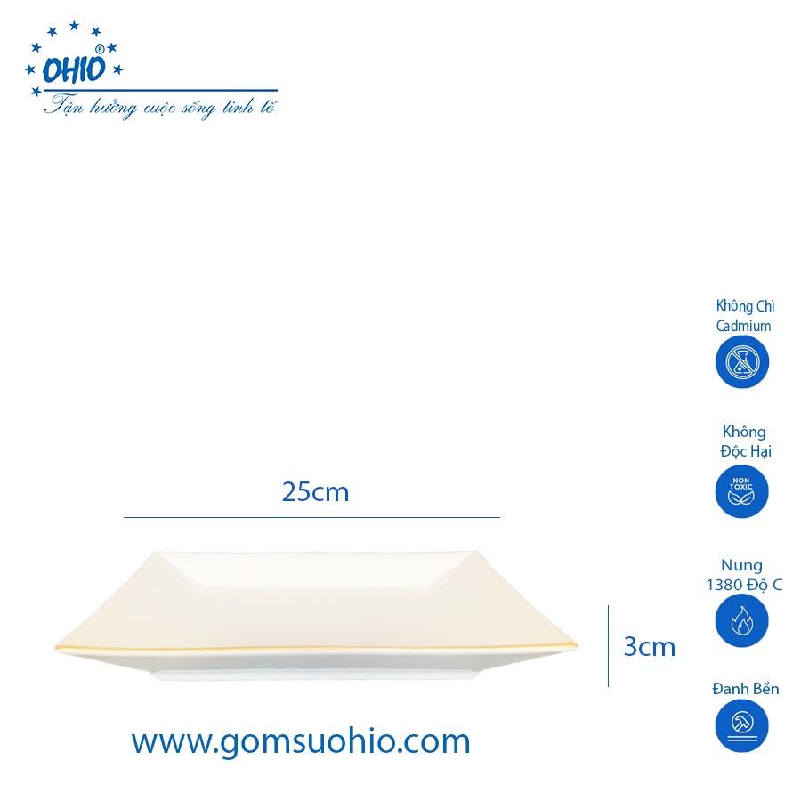 Đĩa Vuông 25cm Sứ Trắng Viền Kim OHIO