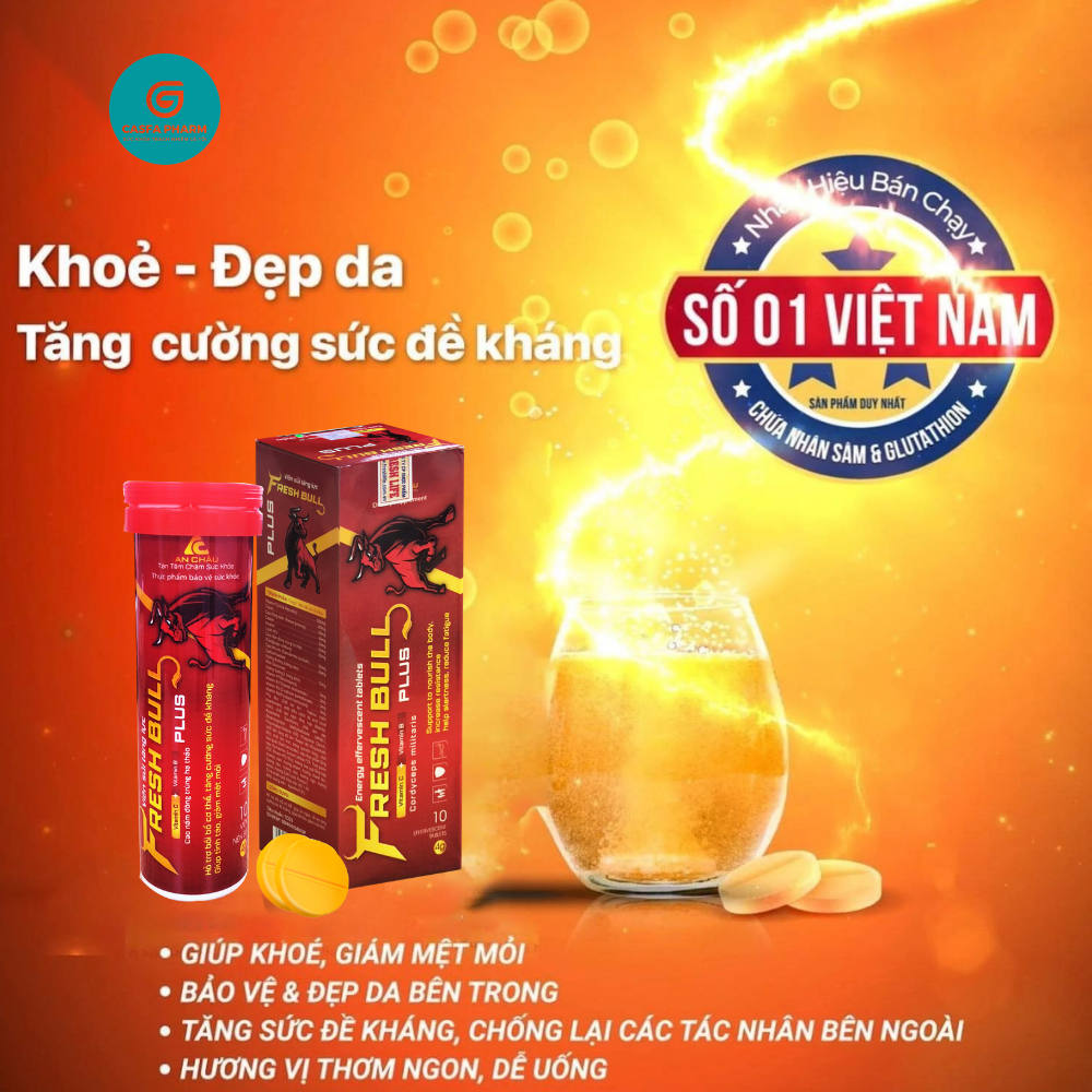 Viên sủi tăng lực FRESH BULL PLUS tăng sinh lực, giảm căng thẳng mệt mỏi, hộp 10 viên