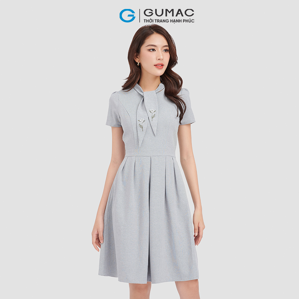 Đầm form A dáng xòe GUMAC DC09070 phối nơ thêu thanh lịch