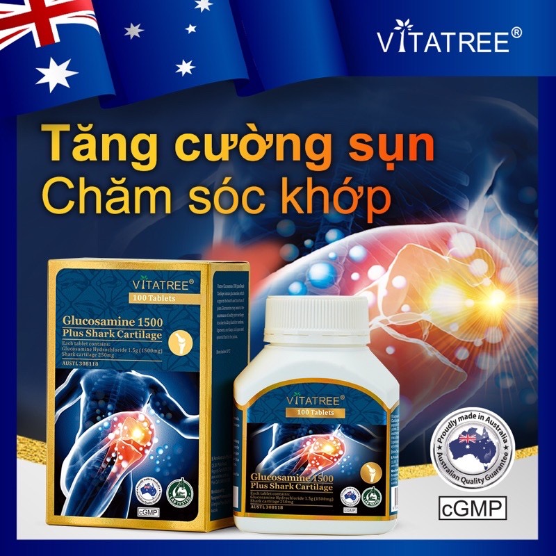 Viên uống bổ khớp Vitatree Glucosamine 1500mg plus shark cartilage , hộp 100v, nhập khẩu Úc