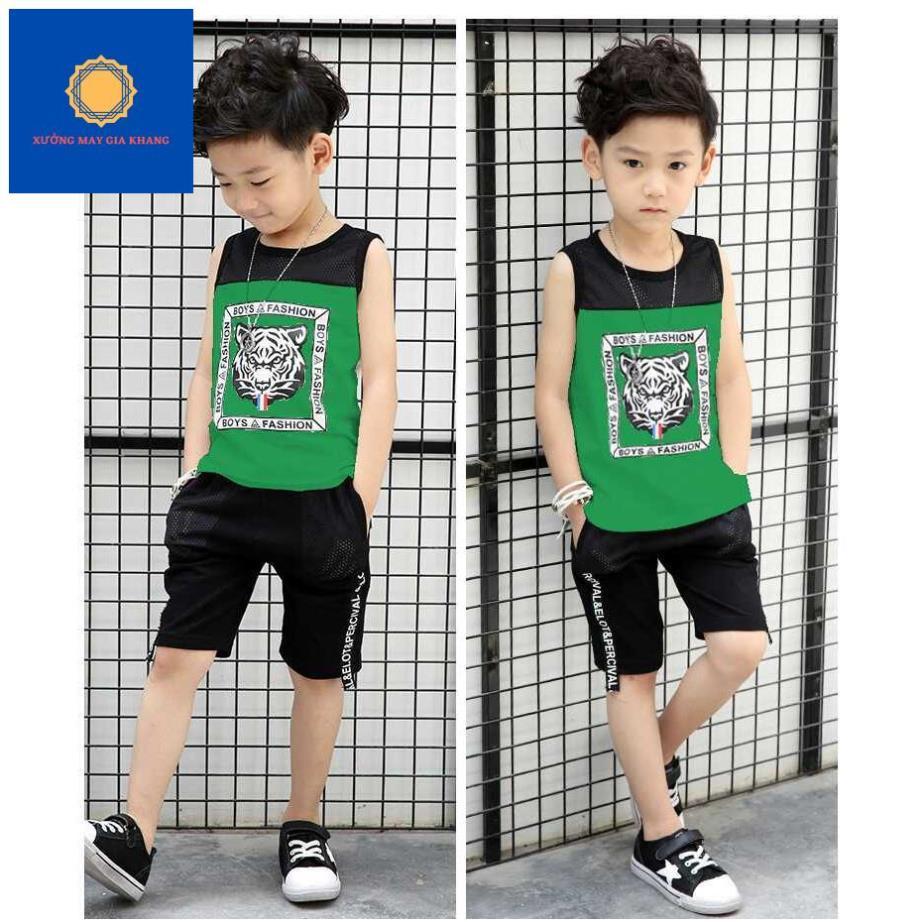 Đồ bộ quần áo thun bé trai sát nách, phối lưới in cọp, thun cotton thoải mái vận động - Quần áo trẻ em.