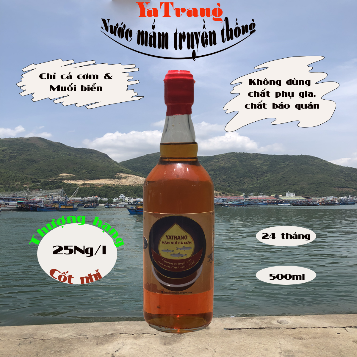 Nước mắm nguyên chất YaTrang 500ml - Cốt nhỉ cá cơm than, ủ 18 tháng, chai thủy tinh