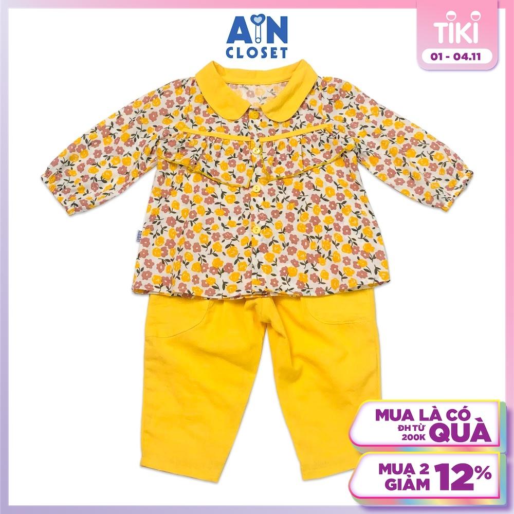 Bộ quần áo dài bé gái họa tiết Hoa Păng Xê cổ vàng cotton boi - AICDBGOB2PZC - AIN Closet