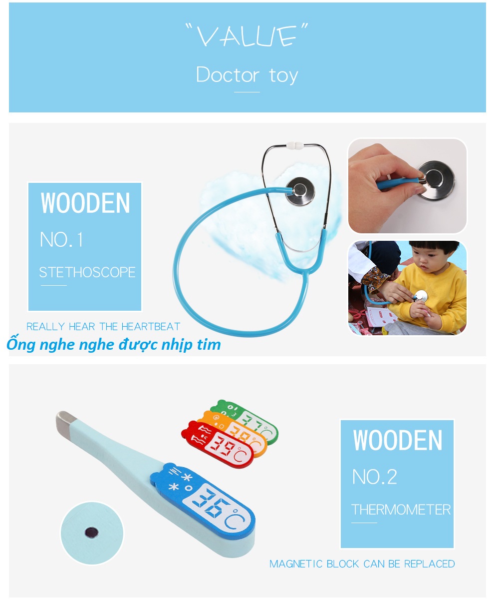 Đồ chơi vali bác sĩ bằng gỗ, đồ chơi bác sĩ, đồ chơi nhập vai phát triển tư duy, kỹ năng giao tiếp cho bé