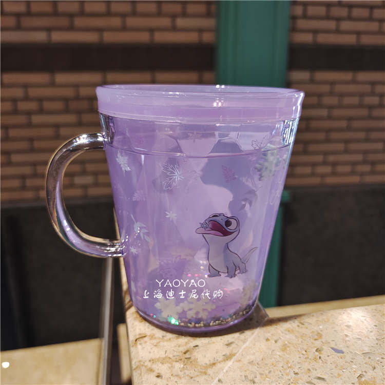 Ly quai cầm tay 2 lớp nhũ nước kim tuyến trong suốt hình công chúa Elsa và Anna màu tím siêu cute cho bé gái 260ml - 118VNDP2502