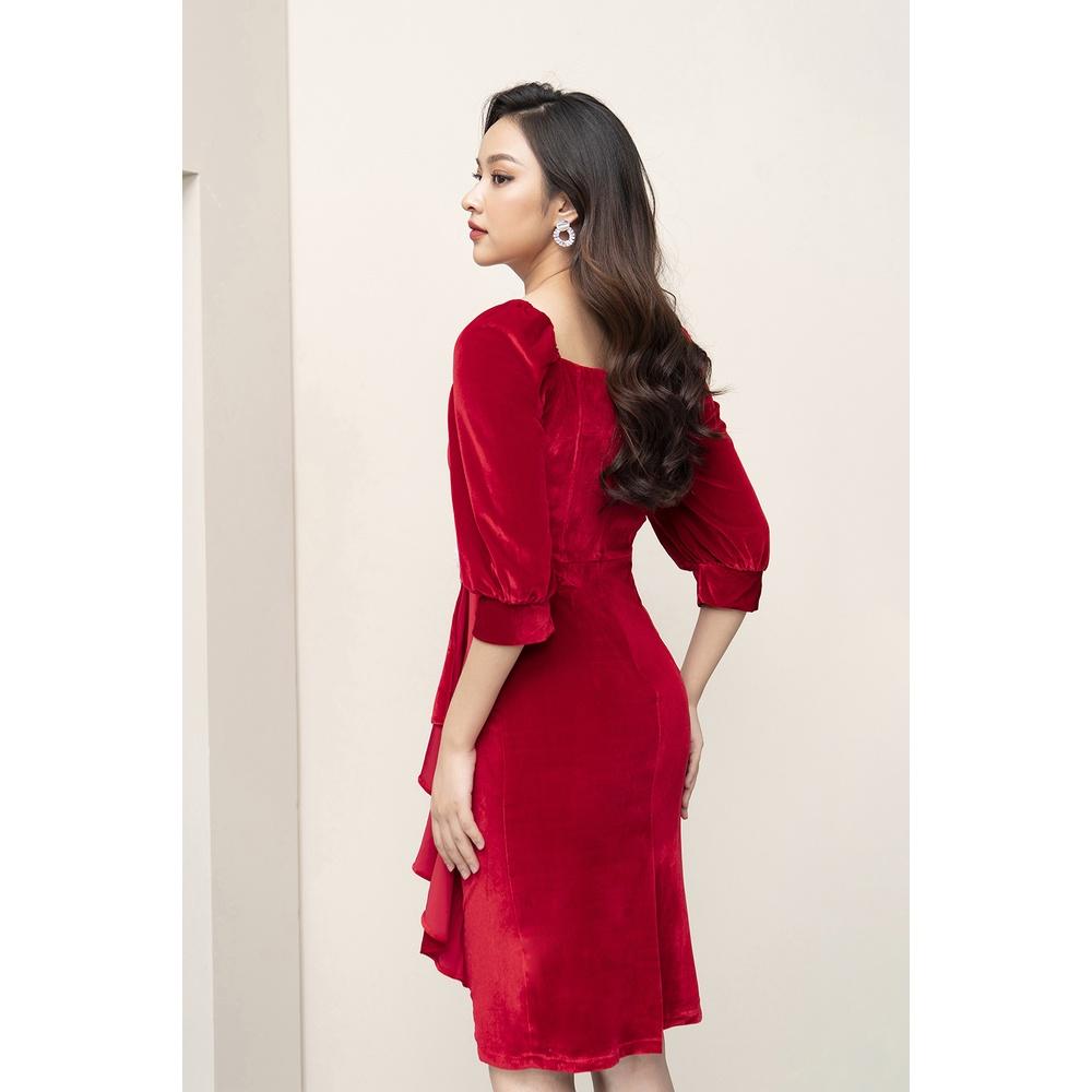Đầm Nữ LUPERI LFV3120 Dáng Ôm Chân Bèo Đính Hoa Trà Tay Lỡ