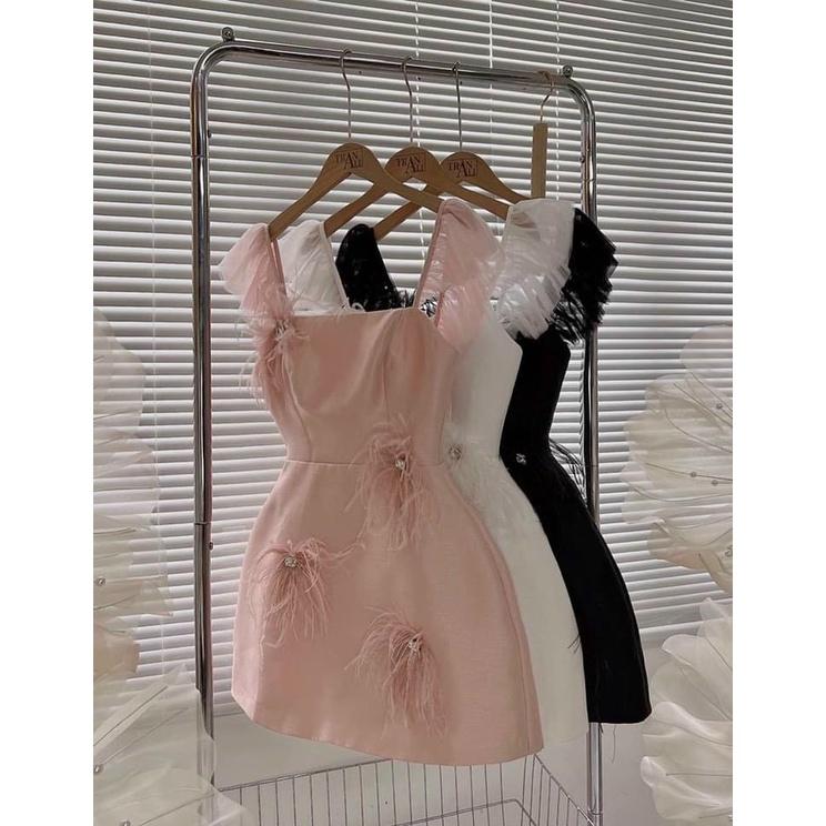 Đầm xoè dự tiệc đính lông cừu phối tay lưới cánh tiên