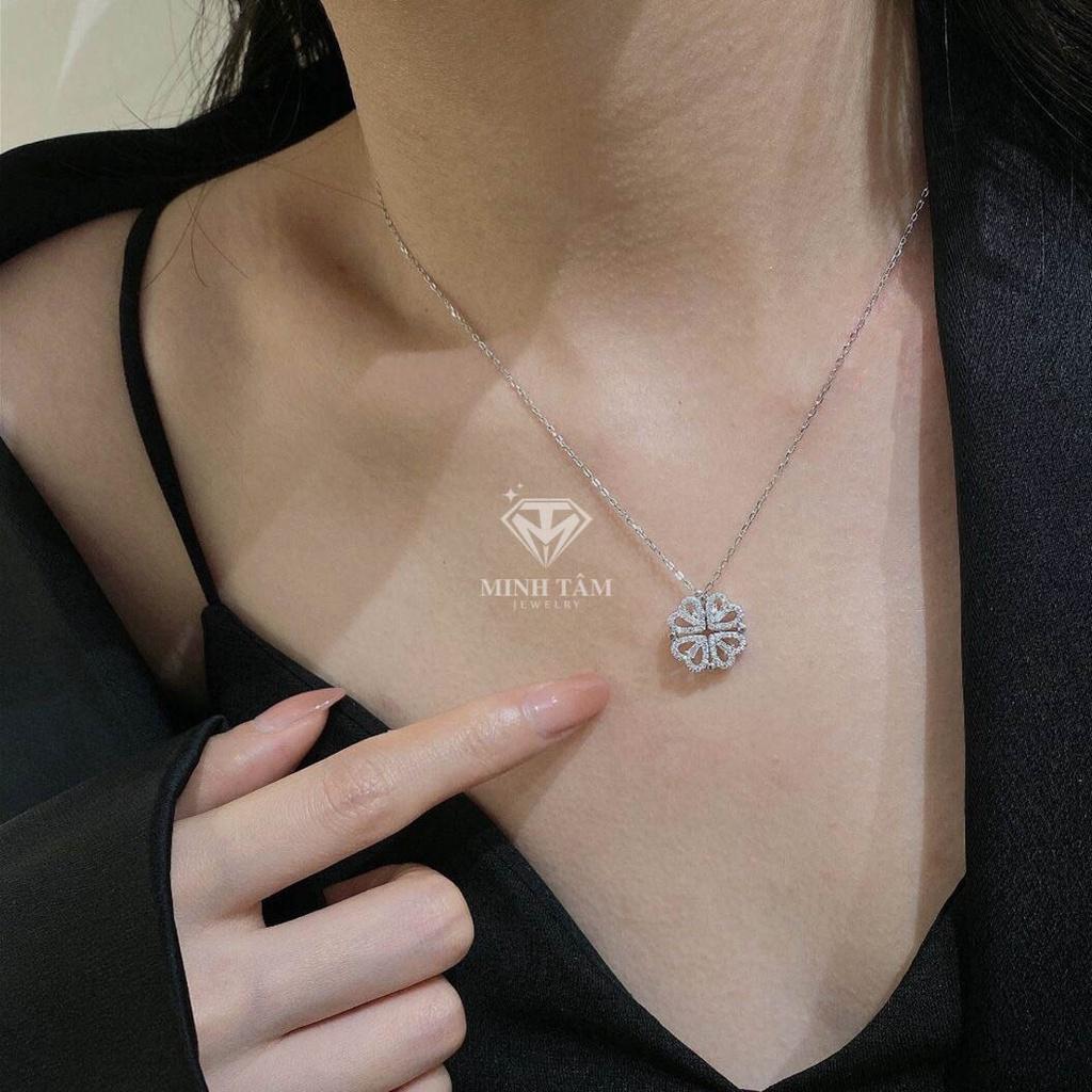 Dây chuyền cỏ bốn lá bạc đeo 2 kiểu,Dây chuyền bạc cỏ 4 lá trái tim-Minh Tâm Jewelry