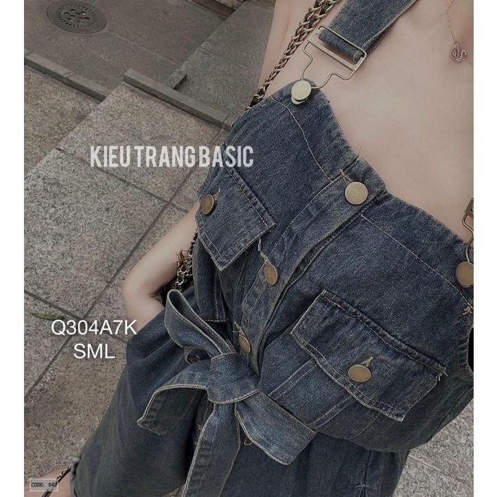 Quần yếm jeans nữ ống suông rộng 2 túi cột nơ, quần yếm xanh jean dài dáng rộng