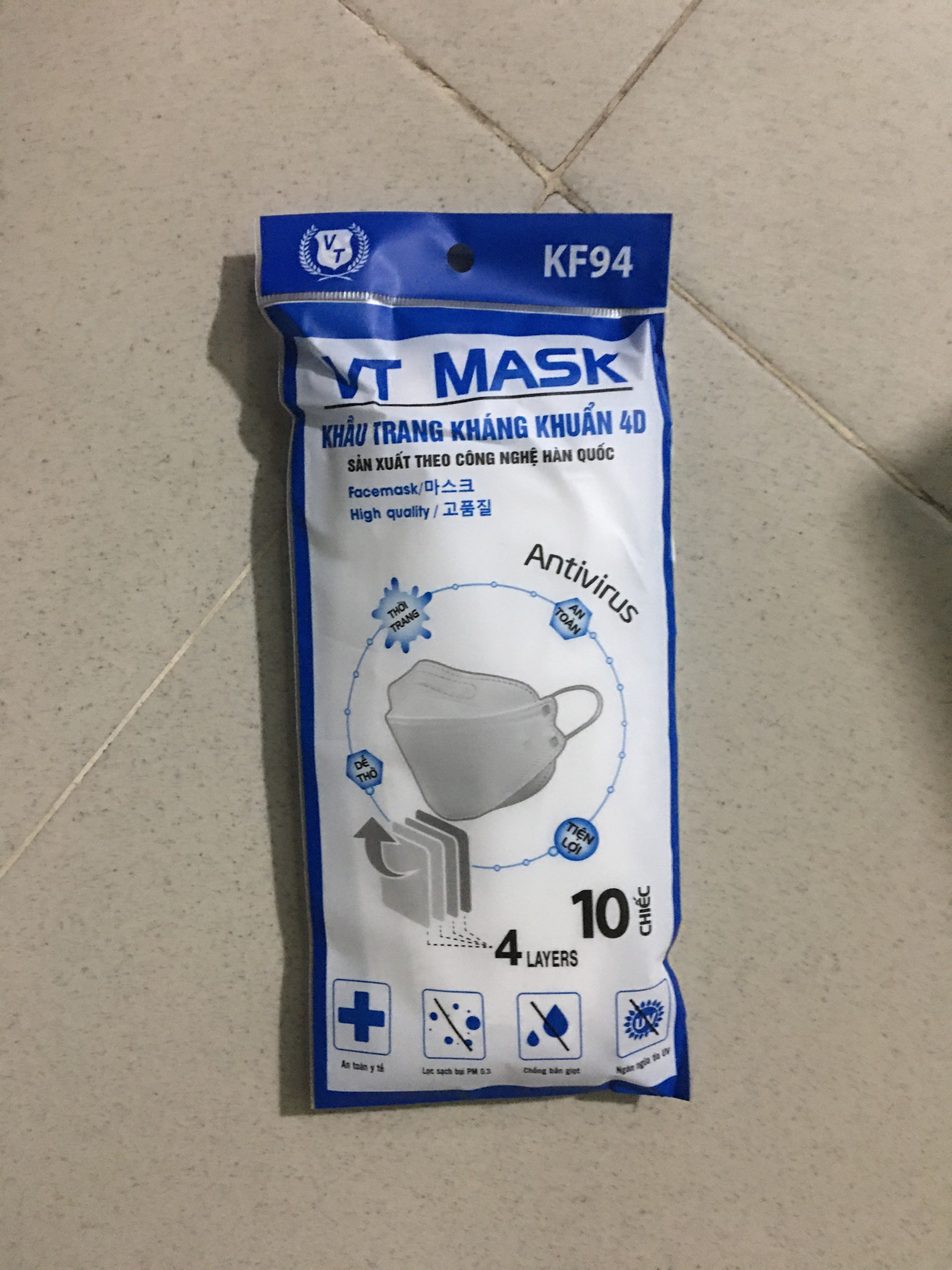 Sét 10 túi ( 100 cái ) khẩu trang 4D VT MASK KF94 , công nghệ dập Hàn , thiết kế ôm sát , dây đeo đàn hồi cao , bộ lọc 4 lớp