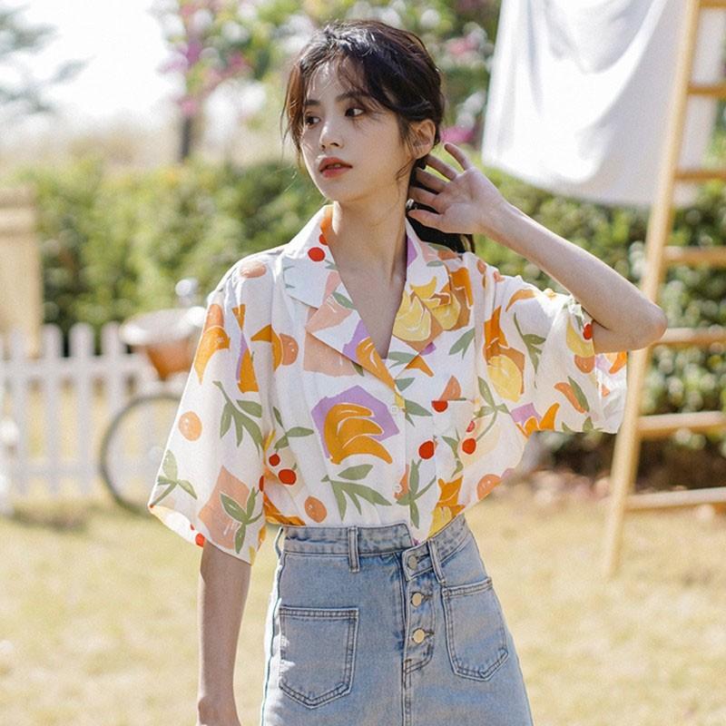 Áo Sơ Mi Chiffon Tay Ngắn In Họa Tiết Kiểu Hàn Quốc Thời Trang Mùa Hè Cho Nữ