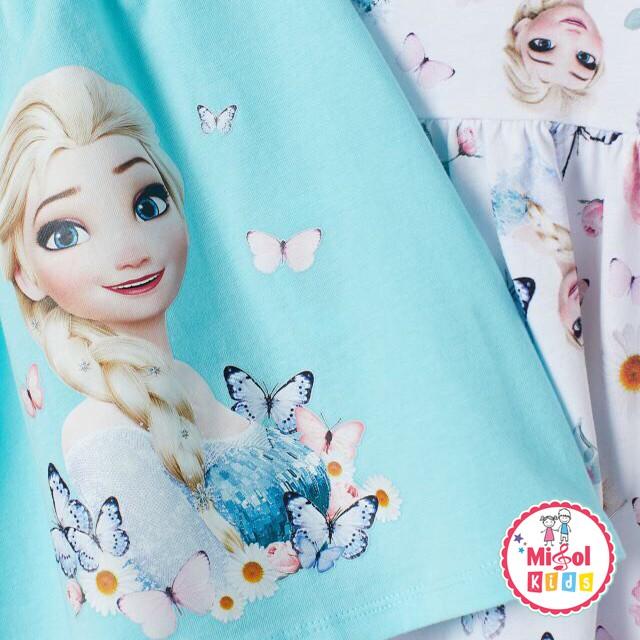 Set 2 Đầm hè bé gái Elsa xanh trắng họa tiết bướm