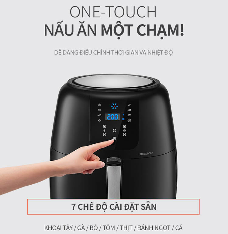 Nồi Chiên Không Dầu Điện Tử Lock&amp;Lock EJF296BLK (7.2 Lít) - Kèm Chảo Nướng - Hàng Chính Hãng