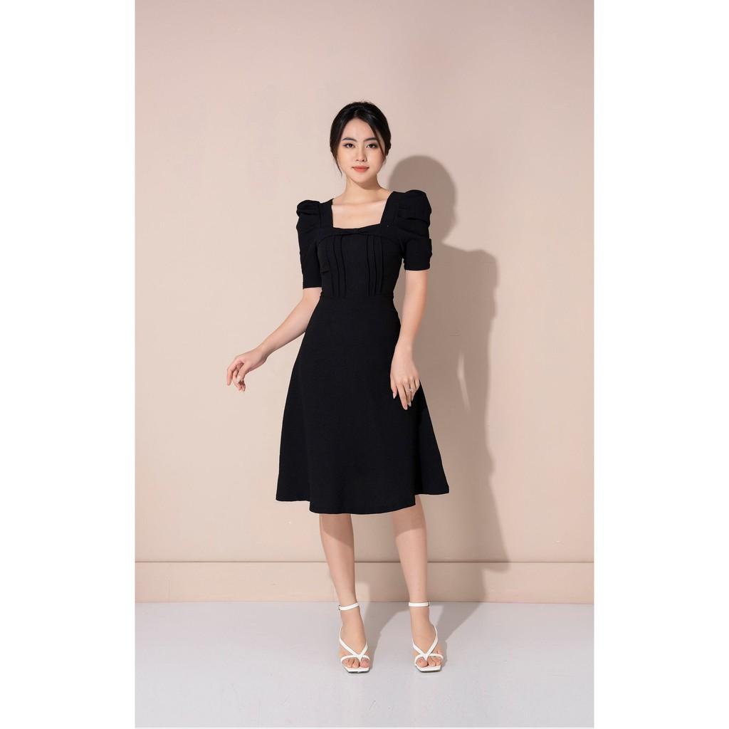 Váy tay bồng cổ vuông chi tiết gân nổi dáng xòe công sở hiện đại thiết kế TKFASHION DK897