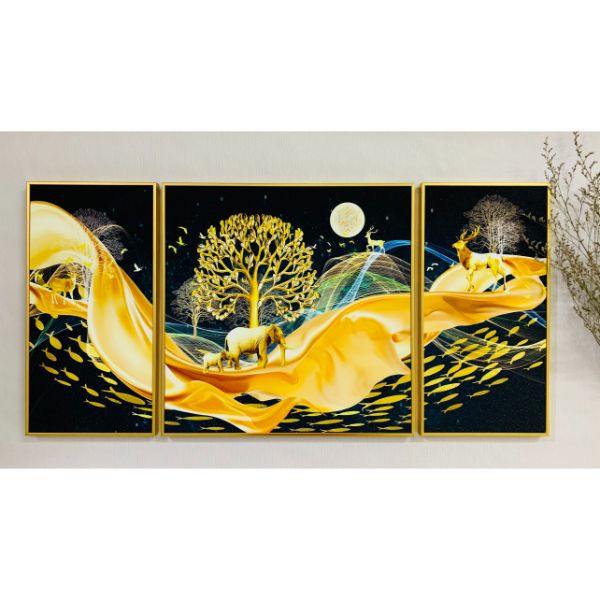 Bộ 3 tranh treo tường ép lụa kim sa tặng khung và đinh 3 chân - tranh treo tường phòng khách - phòng ngủ - khach sạn - nhà hàng