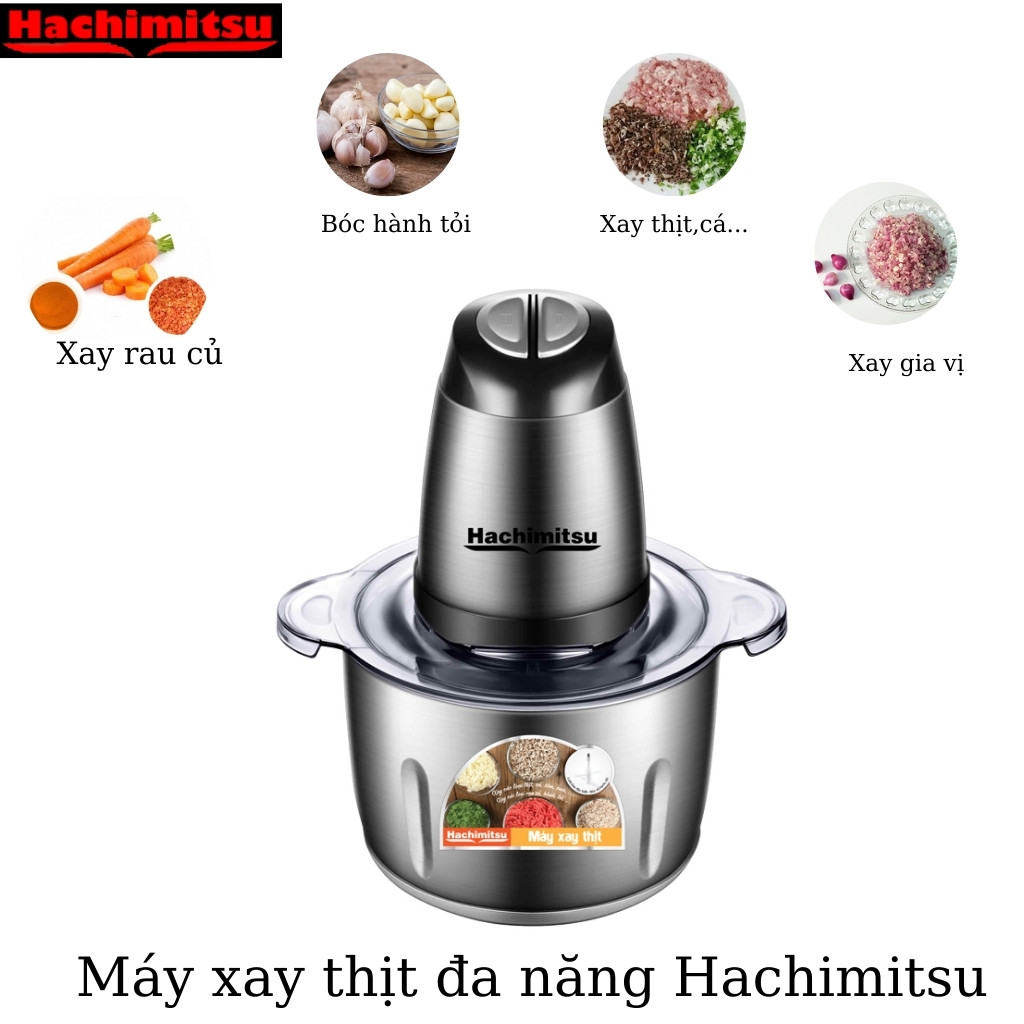 Máy Xay Thịt Đa Năng, Bóc Hành Tỏi- 2 Lưỡi Dao Kép, Cối Inox 304, 2L- Hachimitsu HC-510-Hàng Chính Hãng