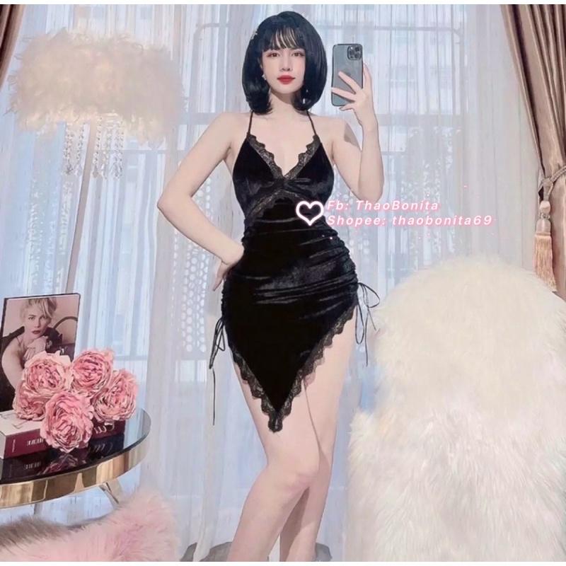 Váy ngủ vạt chéo dây rút vải nhung cao cấp siêu sexy. SHIP HOẢ TỐC TPHCM. Đồ ngủ cosplay sexy ThaoBonita
