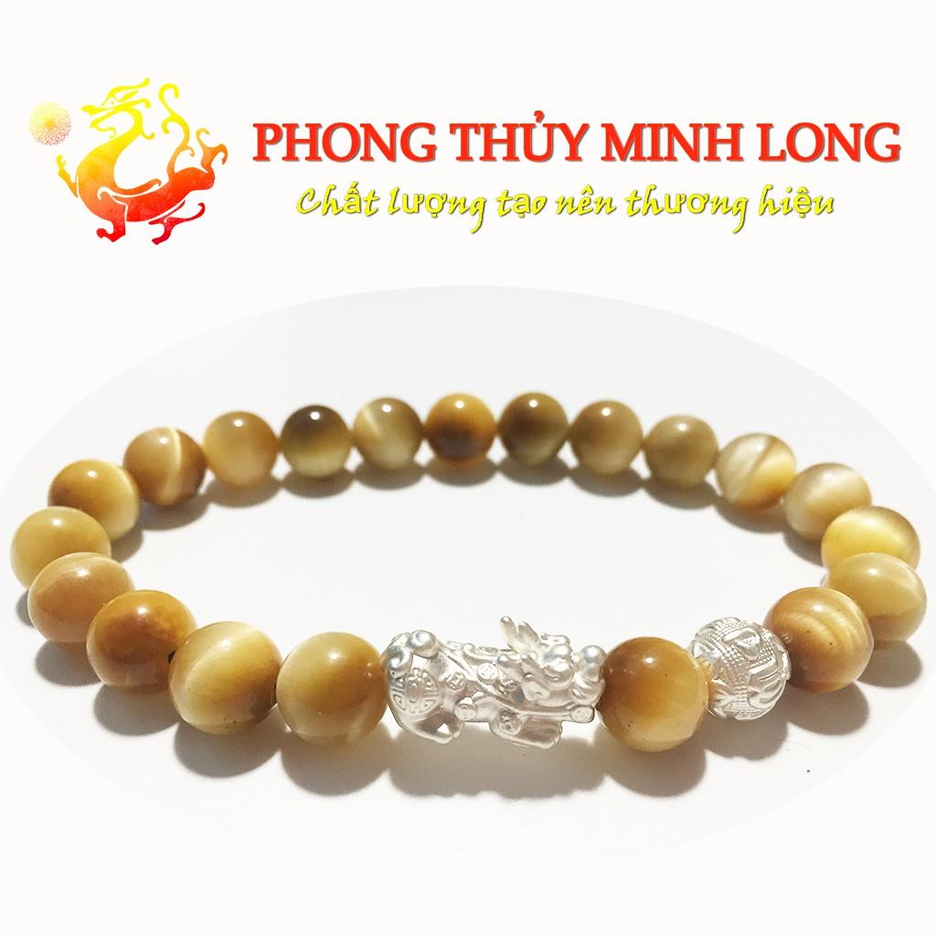 Vòng tay đá Mắt Hổ Vàng Tâm chất lượng 5A mix tỳ hưu và 1 hạt kim tiền bạc hợp mệnh Thổ và mệnh Kim