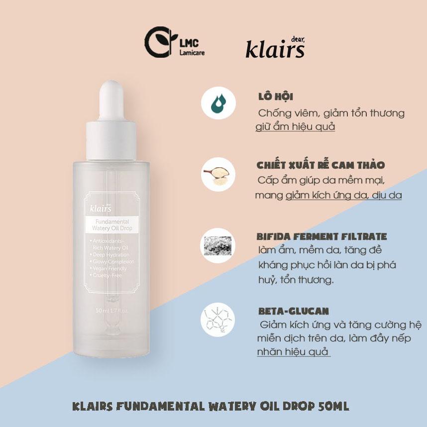 Tinh dầu dưỡng ẩm sâu chiết xuất trà xanh Klairs Fundamental Watery Oil Drop Hàn Quốc 50ml