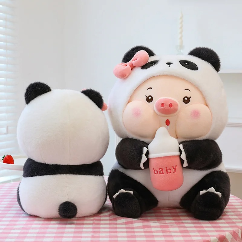 Thú nhồi bông heo cosplay gấu trúc ôm bình sữa - Size từ 25cm đến 85cm - Quà tặng gấu bông heo ôm bình sữa êm mịn cho bé