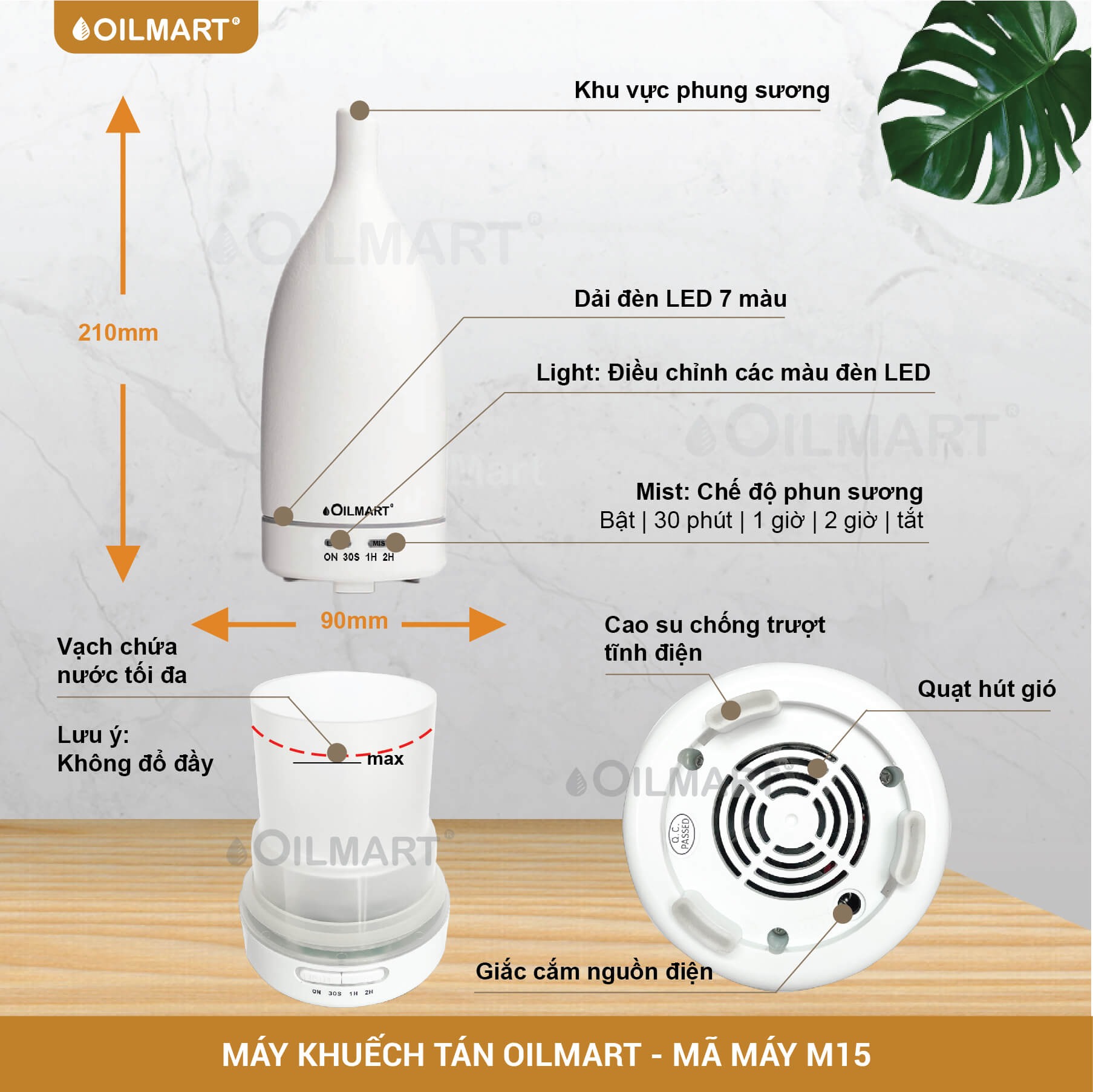 Máy Khuếch Tán Tinh Dầu Oilmart Trụ Gốm - 10W 200ml