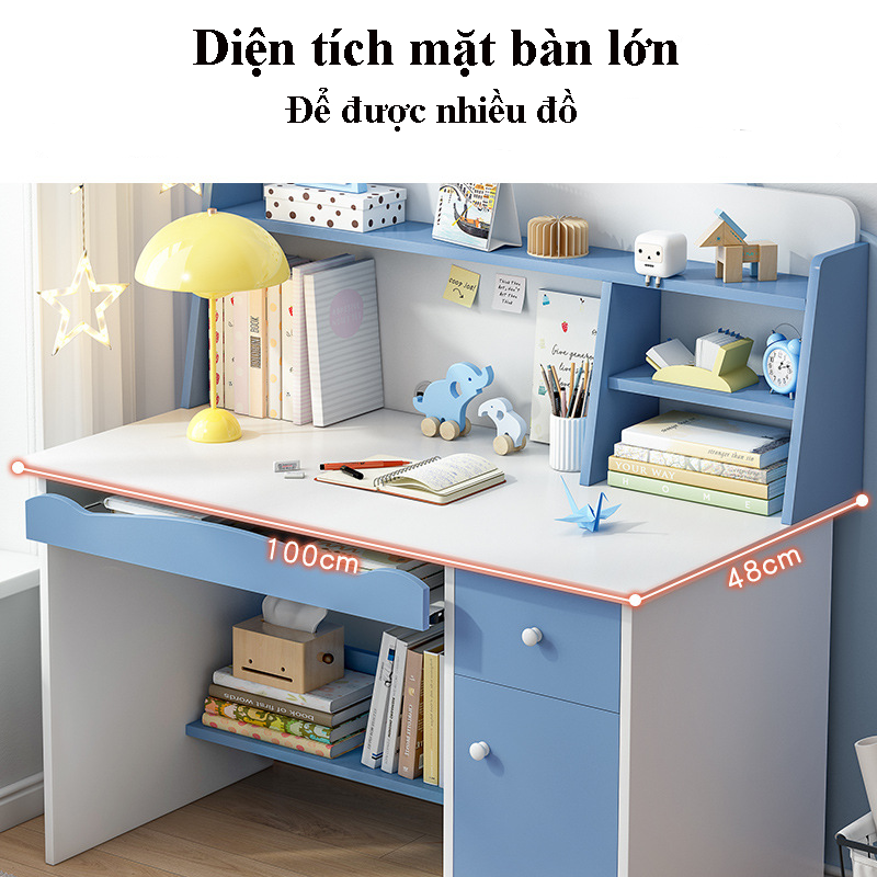 Bàn học sinh kích thước nhỏ màu sắc tươi sáng gỗ mdf cao cấp, bàn máy tính làm việc liền kệ sách trên bàn tiện lợi