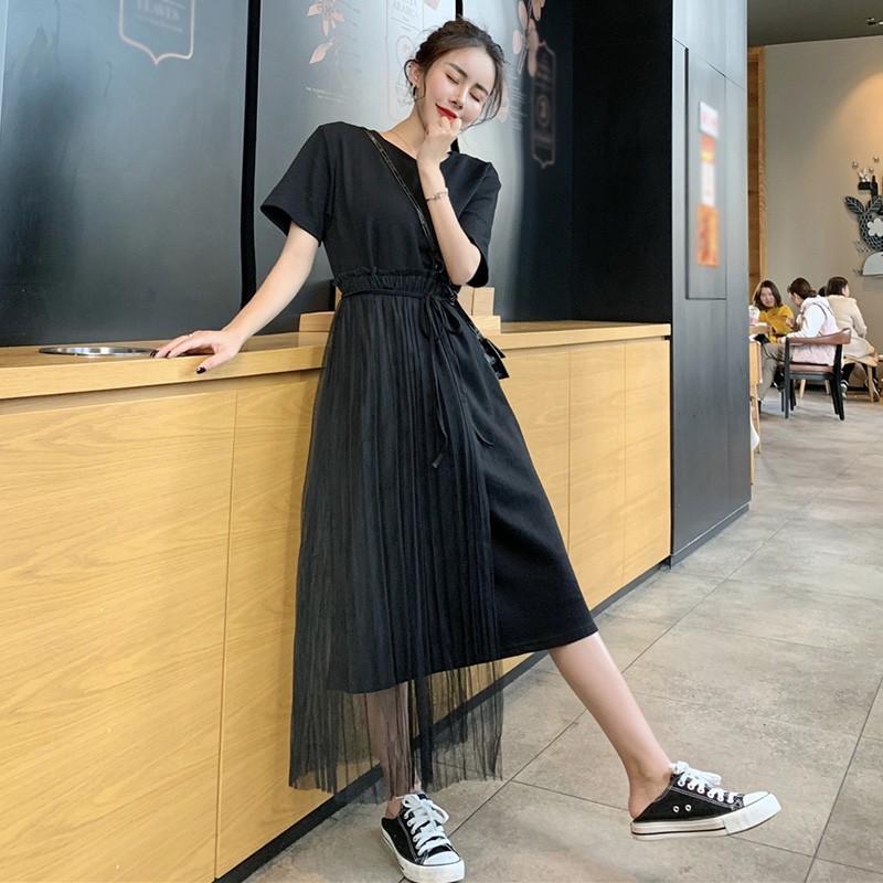 Đầm chữ A cổ tròn tay ngắn phối lưới thiết kế thanh lịch