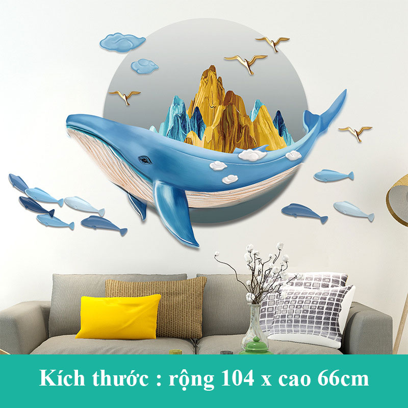 Sticker Giấy Dán Tường Decal Dán tường Tranh Dán Tường Trang Trí Tường Mẫu Cá Voi Xanh ZH-1004