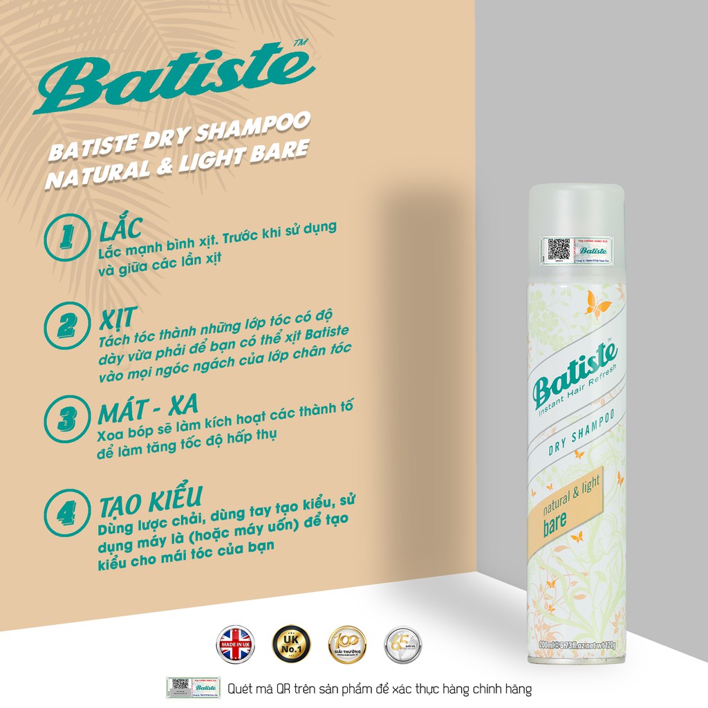 Dầu Gội Khô Batiste Hương Hoa Thiên Nhiên Dịu Nhẹ - Batiste Dry Shampoo Natural &amp; light Bare 200ml