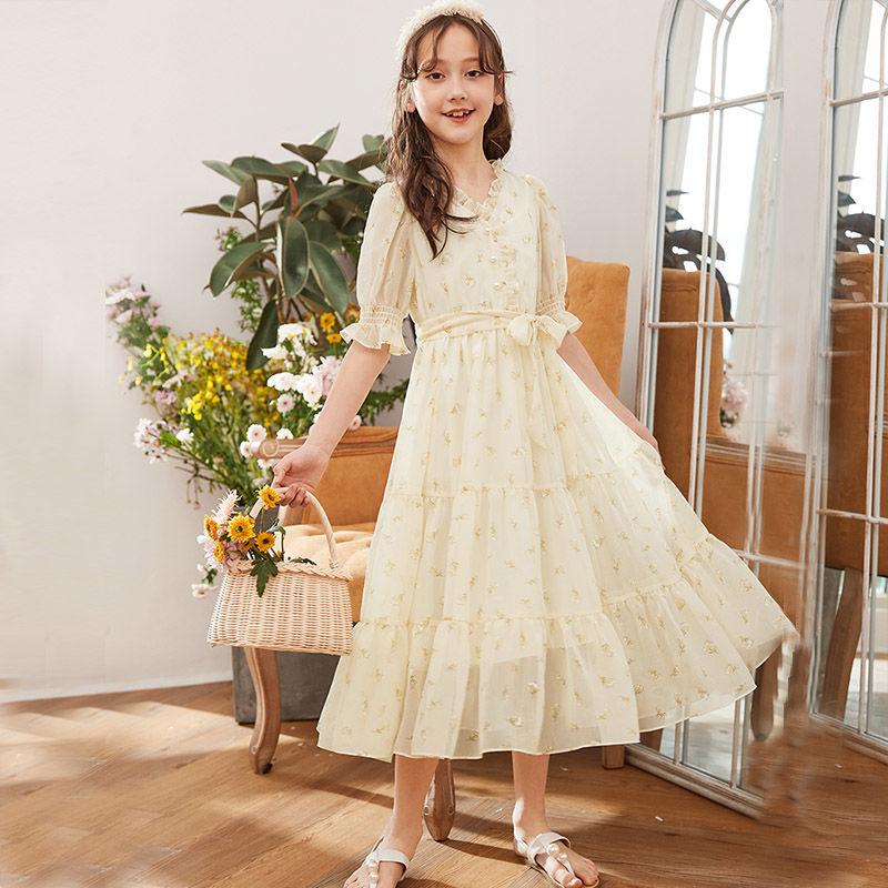 DONGSHOP HOT Váy bé gái mùa hè váy trẻ em hoa chiffon đầm 2023 bé gái lớn cô gái váy mùa hè siêu tiên