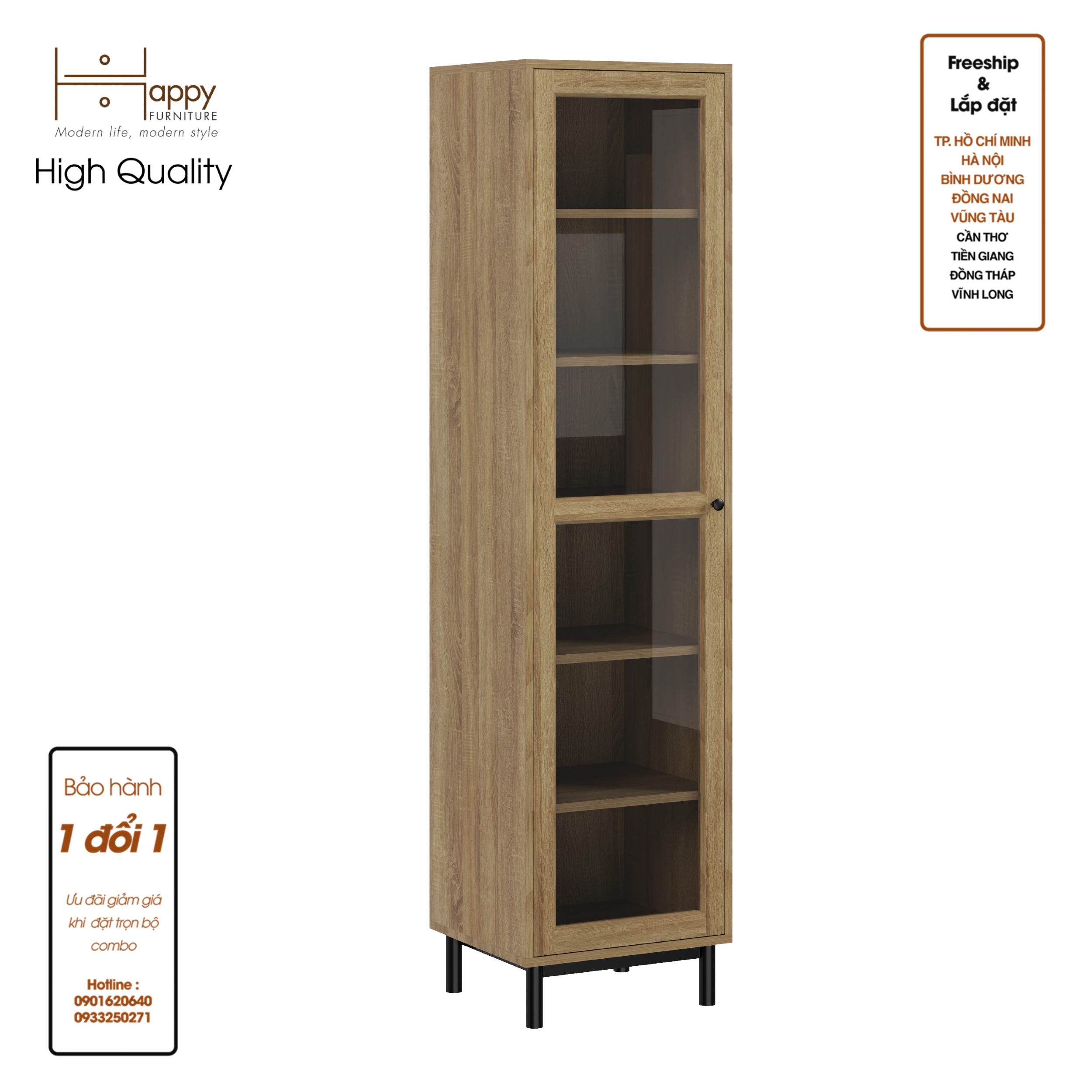 CATY , Kệ sách 6 tầng cửa kính size nhỏ - chân sắt , 45cm x 40cm x 180cm , KSA_018