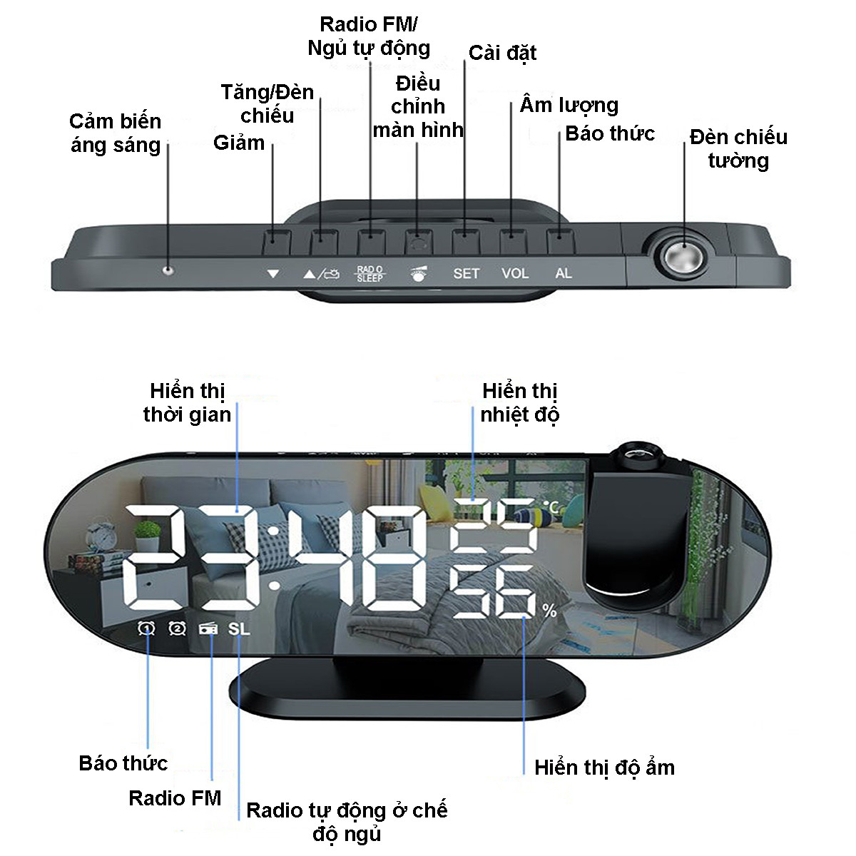 Đồng hồ báo thức kỹ thuật số phản chiếu đèn led trên tường chức năng báo nhiệt độ độ ẩm, báo thức, sạc pin, radio FM