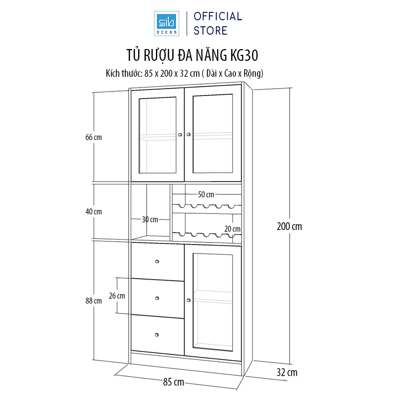 Tủ Để Vang Gia Đình Đa Năng Kèm Cửa Kính Hiện Đại Màu Trắng Phối Vân Gỗ Nâu SIB Decor (Tặng Kèm Giá Treo Ly)