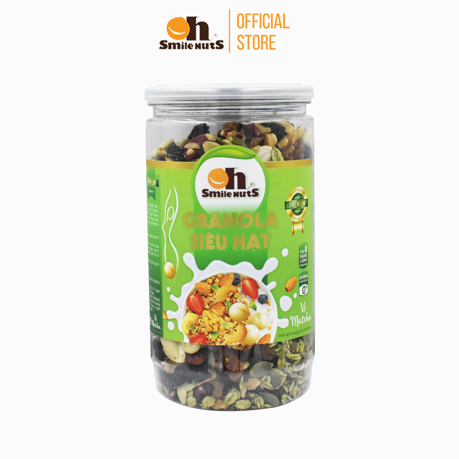 Granola ăn kiêng Siêu Hạt Smilenuts vị Matcha hủ 450g - Gồm Hạnh Nhân bóc vỏ, Nho khô, Óc Chó, Yến Mạch, Hạt điều, Nhân bí xanh và Mật ong _ Ngũ cốc ăn kiêng Siêu hạt vị Matcha