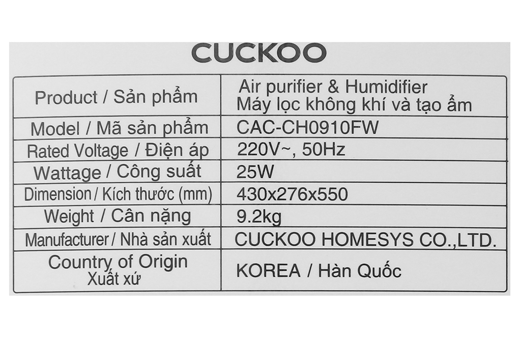 Máy lọc không khí Cuckoo CAC-CH0910FW - Hàng chính hãng