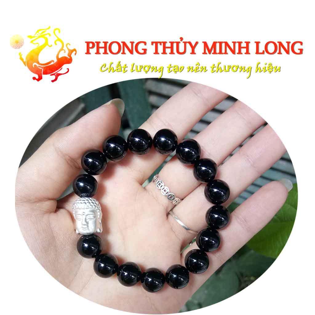 Vòng tay đá Mã Não Đen chất lượng 3A mix mặt phật bằng Bạc