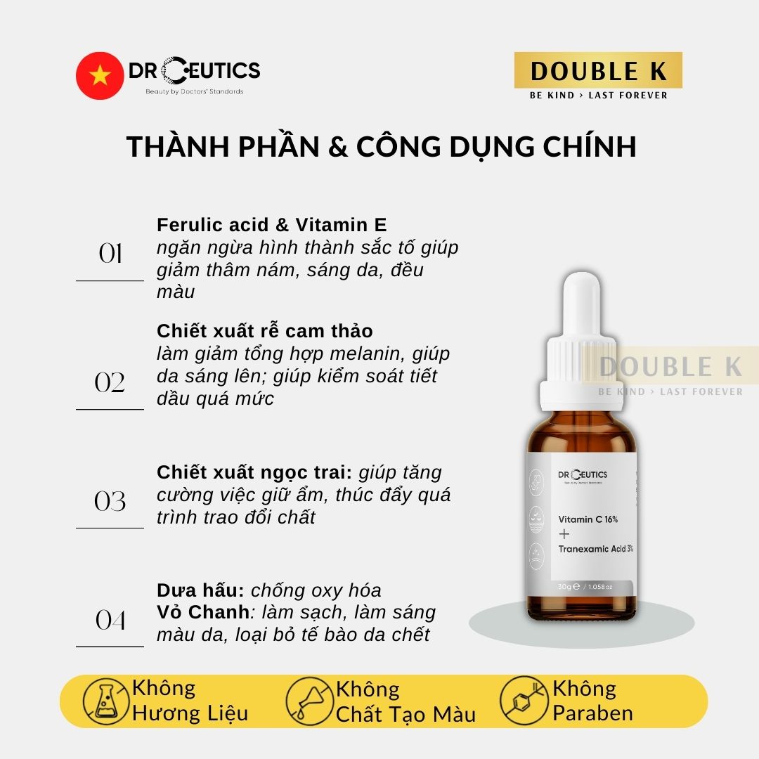 DrCeutics Vitamin C 16% + Tranexamic Acid 3% - Serum Sáng Da, Mờ Sạm Nám; Chống Lão Hóa - Double K