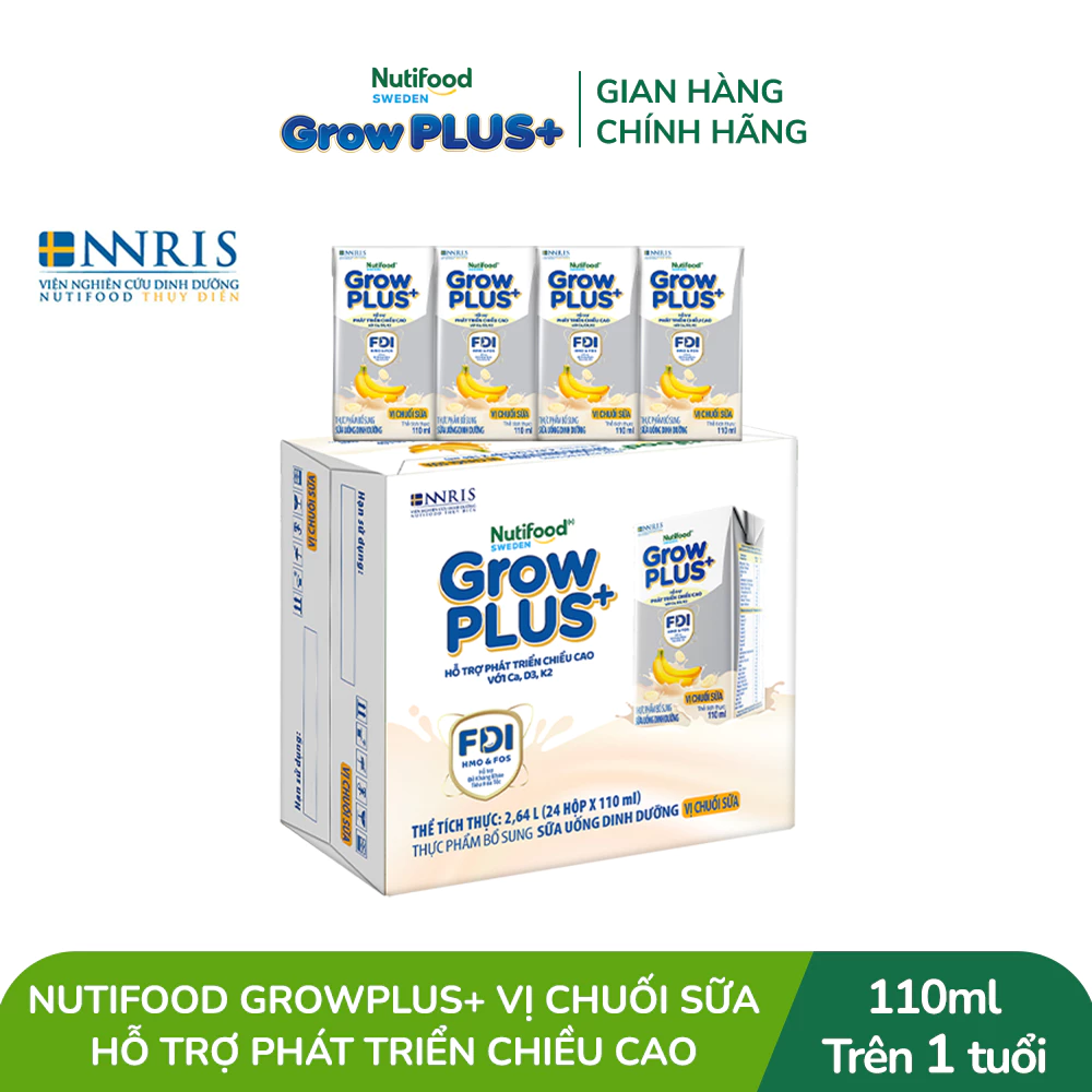 Thùng 24 hộp Sữa bột pha sẵn Nutifood Sweden GrowPLUS+ Vị Chuối Sữa hộp 110ml - Trên 1 tuổi (24 x 110ml)