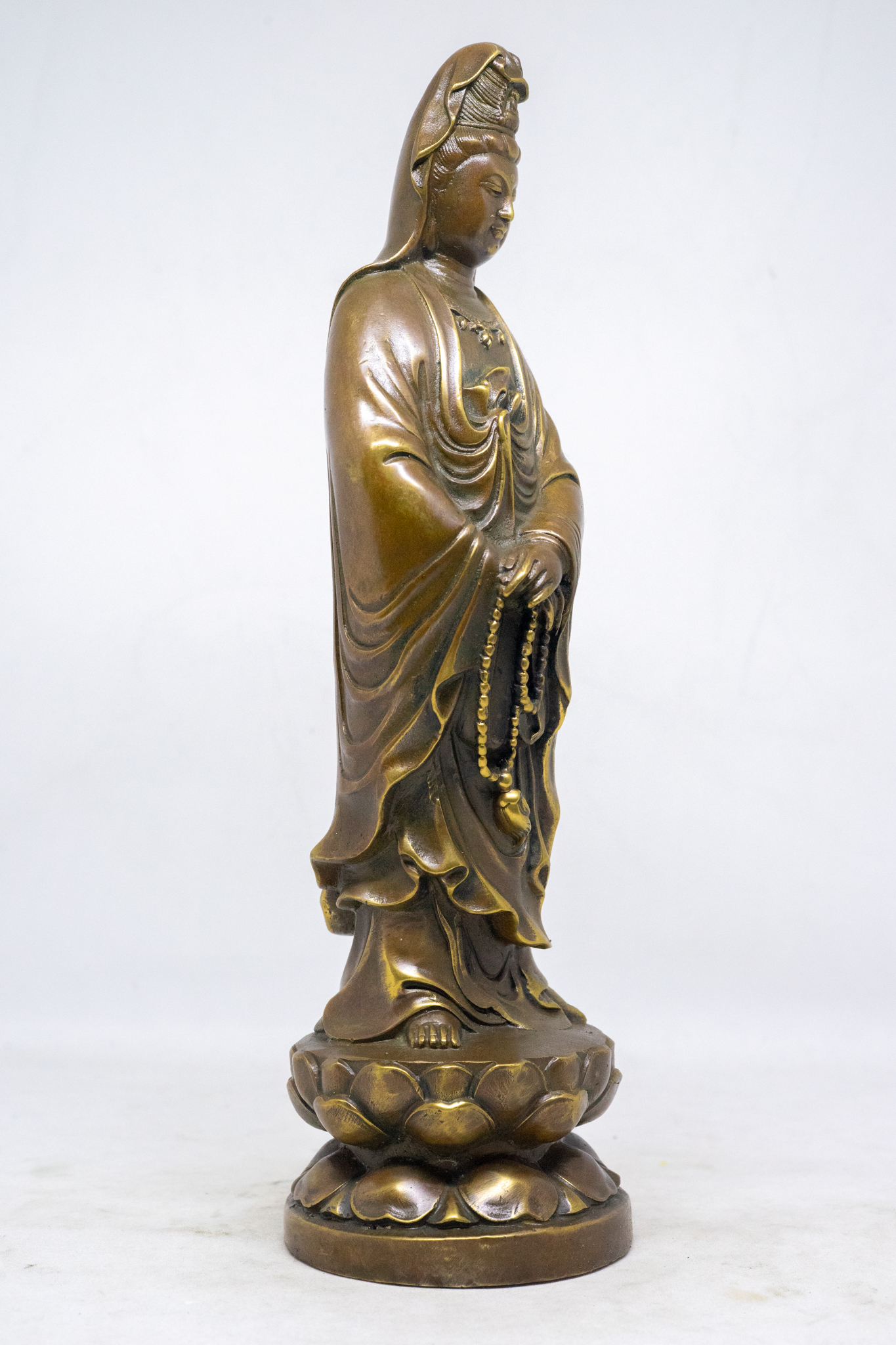 Tượng Phật Bà Quan Âm đồng đứng trên tòa sen cao 25cm